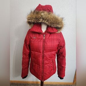 Columbia Red Plaid Puffer Jacket with Faux Fur Hood Trim